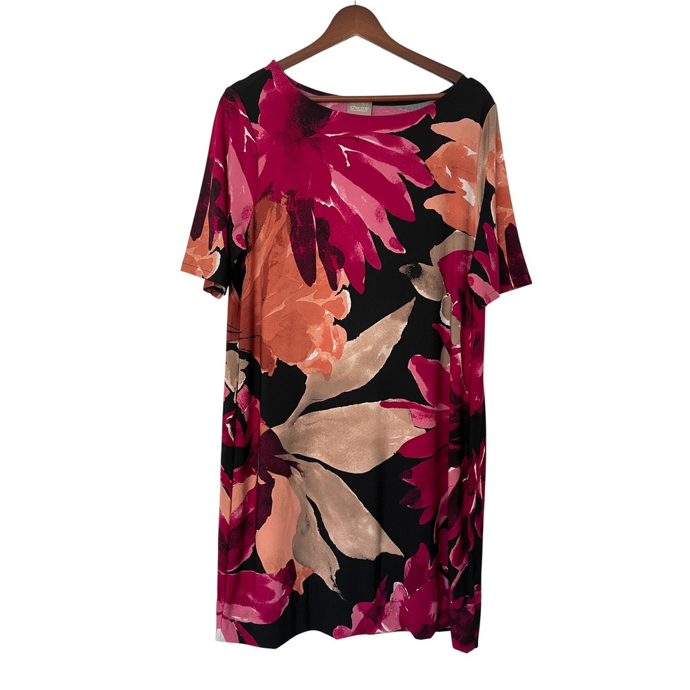 Chico's Size 2 Large Floral Shift Dress Pink Black Short Sleeve Statement Artsy